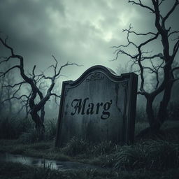 A somber and eerie scene featuring an old, weathered tombstone engraved with the name 'Marg'