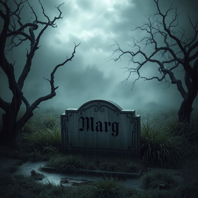 A somber and eerie scene featuring an old, weathered tombstone engraved with the name 'Marg'