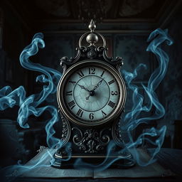 A captivating book cover design featuring an antique, intricately detailed clock positioned at the center