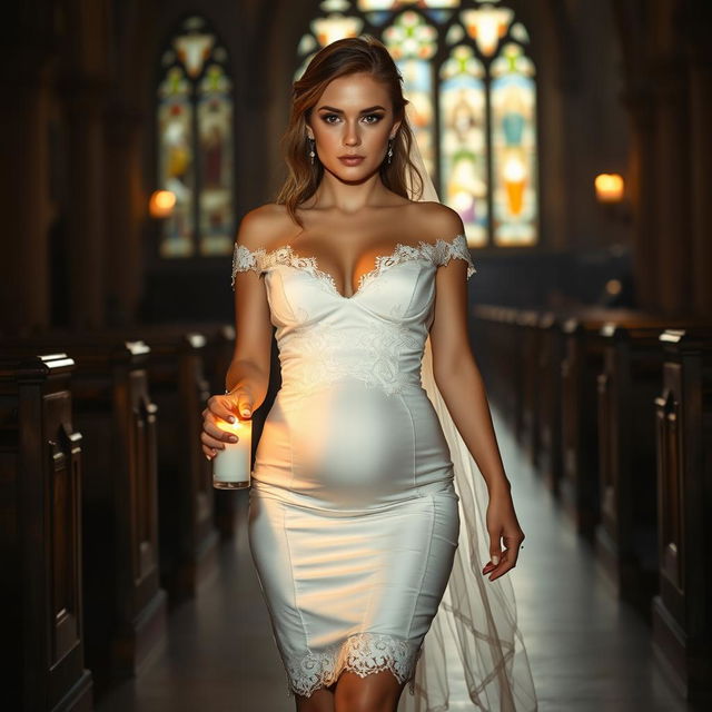 A beautiful young bride walking towards the viewer in a dimly lit church, holding a candle that emits a warm, flickering glow