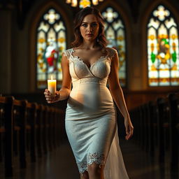 A beautiful young bride walking towards the viewer in a dimly lit church, holding a candle that emits a warm, flickering glow