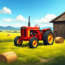 A detailed illustration of the Ursus C-360 tractor in a rustic farm setting