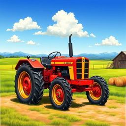 A detailed illustration of the Ursus C-360 tractor in a rustic farm setting