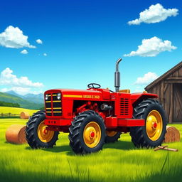 A detailed illustration of the Ursus C-360 tractor in a rustic farm setting