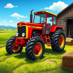 A detailed illustration of the Ursus C-360 tractor in a rustic farm setting