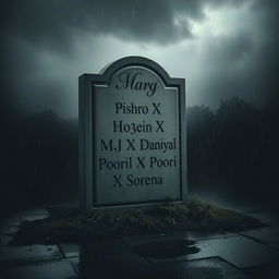 A somber and atmospheric scene featuring a weathered tombstone, inscribed with the name 'Marg' at the top