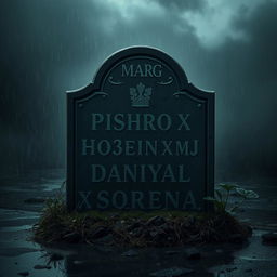 A somber and atmospheric scene featuring a weathered tombstone, inscribed with the name 'Marg' at the top