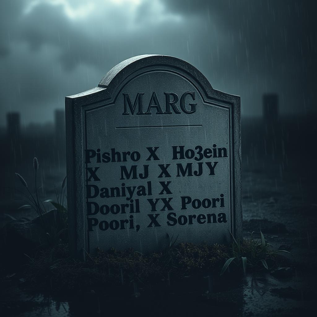 A somber and atmospheric scene featuring a weathered tombstone, inscribed with the name 'Marg' at the top