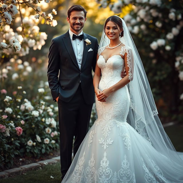 An elegant bridal gown designed for a wedding ceremony, featuring intricate lace detailing and a flowing train