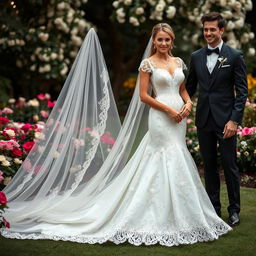 An elegant bridal gown designed for a wedding ceremony, featuring intricate lace detailing and a flowing train