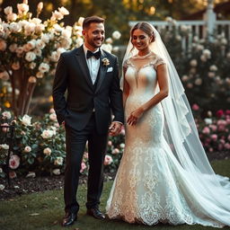 An elegant bridal gown designed for a wedding ceremony, featuring intricate lace detailing and a flowing train