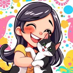 A lively and animated cartoon-style illustration featuring a cheerful girl with long dark hair and bright eyes, joyfully interacting with a playful black and white cat