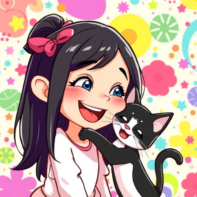 A lively and animated cartoon-style illustration featuring a cheerful girl with long dark hair and bright eyes, joyfully interacting with a playful black and white cat