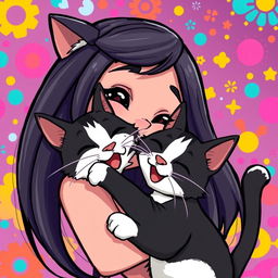 A lively and animated cartoon-style illustration featuring a cheerful girl with long dark hair and bright eyes, joyfully interacting with a playful black and white cat