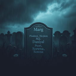 A gloomy tombstone standing in a dark, rainy graveyard scene