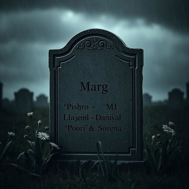 A gloomy tombstone standing in a dark, rainy graveyard scene