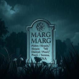 A gloomy tombstone standing in a dark, rainy graveyard scene