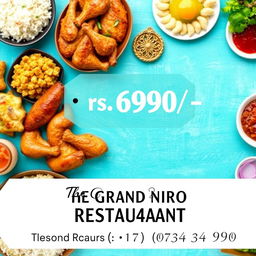 An advertisement layout featuring a vibrant background that showcases a variety of delicious food items, ideal for promoting a restaurant