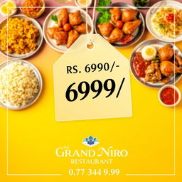 An advertisement layout featuring a vibrant background that showcases a variety of delicious food items, ideal for promoting a restaurant