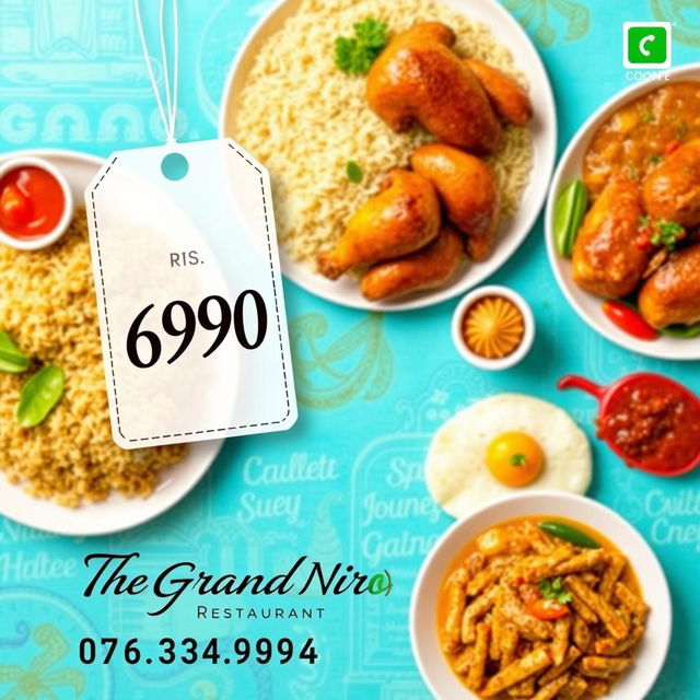 An advertisement layout featuring a vibrant background that showcases a variety of delicious food items, ideal for promoting a restaurant