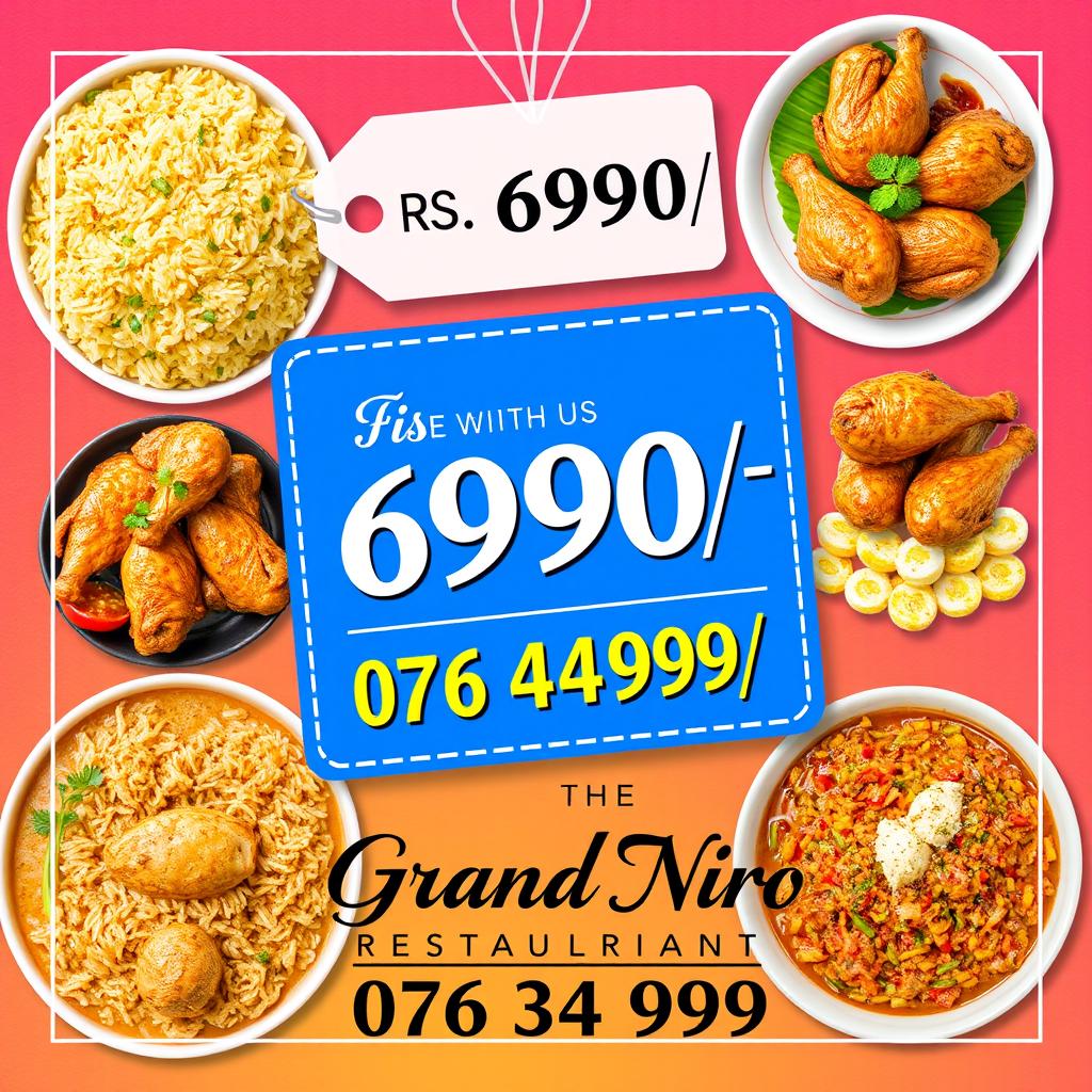 An advertisement layout featuring a vibrant background that showcases a variety of delicious food items, ideal for promoting a restaurant