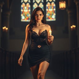A beautiful young bride walking towards the viewer in a dimly lit church, holding a candle that illuminates her figure with a warm glow