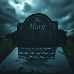 A solemn, weathered tombstone featuring the name 'Marg' prominently engraved at the top