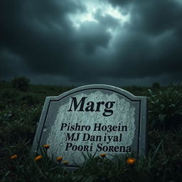 A detailed and atmospheric scene featuring an old, weathered tombstone prominently placed in the foreground