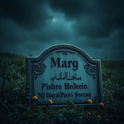A detailed and atmospheric scene featuring an old, weathered tombstone prominently placed in the foreground