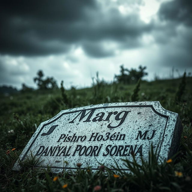 A detailed and atmospheric scene featuring an old, weathered tombstone prominently placed in the foreground