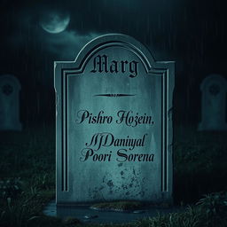 A weathered tombstone in a dimly lit, rainy cemetery, the name 'Marg' carved prominently at the top