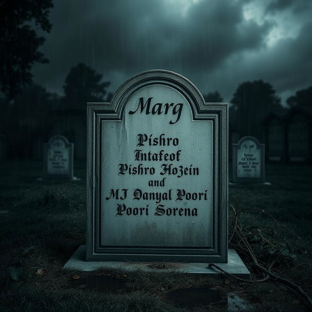 A weathered tombstone in a dimly lit, rainy cemetery, the name 'Marg' carved prominently at the top