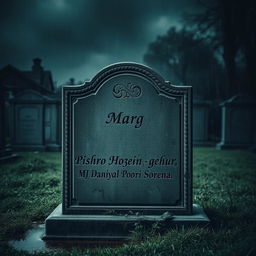 A weathered tombstone in a dimly lit, rainy cemetery, the name 'Marg' carved prominently at the top