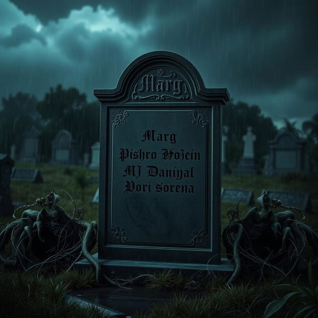 A solitary tombstone in a dark, rainy cemetery, featuring the name 'Marg' carved at the top in bold letters