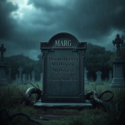 A solitary tombstone in a dark, rainy cemetery, featuring the name 'Marg' carved at the top in bold letters