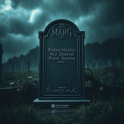A solitary tombstone in a dark, rainy cemetery, featuring the name 'Marg' carved at the top in bold letters