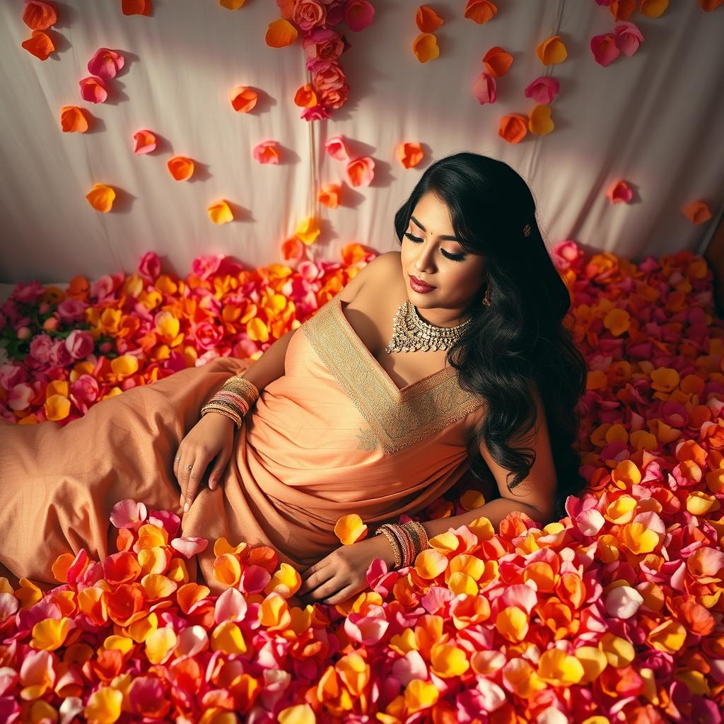 An enchanting scene of an Indian woman with voluptuous curves, reclining gracefully on a bed lavishly adorned with a vibrant array of colorful flowers