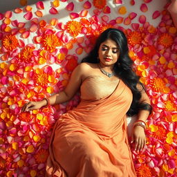 An enchanting scene of an Indian woman with voluptuous curves, reclining gracefully on a bed lavishly adorned with a vibrant array of colorful flowers