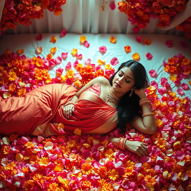 An enchanting scene of an Indian woman with voluptuous curves, reclining gracefully on a bed lavishly adorned with a vibrant array of colorful flowers