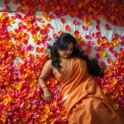 An enchanting scene of an Indian woman with voluptuous curves, reclining gracefully on a bed lavishly adorned with a vibrant array of colorful flowers