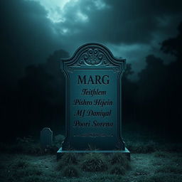 An eerie tombstone standing in a shadowy, rain-soaked cemetery, featuring the name 'Marg' intricately carved at the top