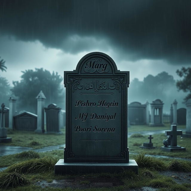 An eerie tombstone standing in a shadowy, rain-soaked cemetery, featuring the name 'Marg' intricately carved at the top