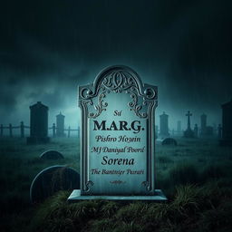 An eerie tombstone standing in a shadowy, rain-soaked cemetery, featuring the name 'Marg' intricately carved at the top
