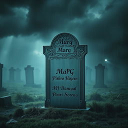 An eerie tombstone standing in a shadowy, rain-soaked cemetery, featuring the name 'Marg' intricately carved at the top