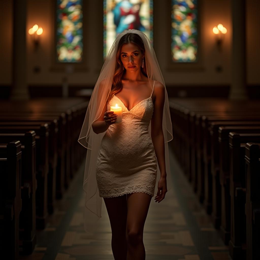 A beautiful young bride walking towards the viewer in a dark, atmospheric church, holding a candle that casts a warm glow around her