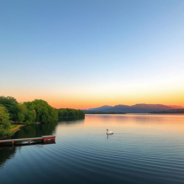 A serene landscape at dawn, featuring a calm lake reflecting the orange and pink hues of the sunrise