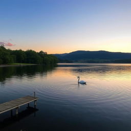 A serene landscape at dawn, featuring a calm lake reflecting the orange and pink hues of the sunrise
