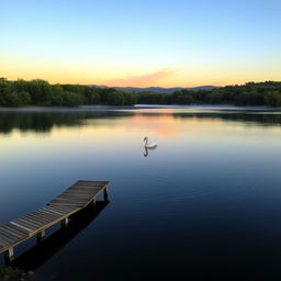 A serene landscape at dawn, featuring a calm lake reflecting the orange and pink hues of the sunrise