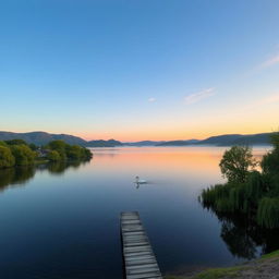 A serene landscape at dawn, featuring a calm lake reflecting the orange and pink hues of the sunrise