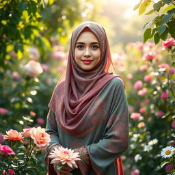 A serene and beautiful young woman adorned in a colorful niqab, standing in a picturesque garden filled with vibrant flowers and lush greenery